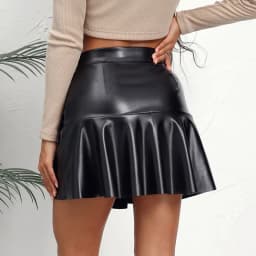 Women Faux Leather Skirts Elastic High Waist Ruffles Spliced Pleated Short Skirt Female Sexy Nightclub PU Leather Mini Skirt