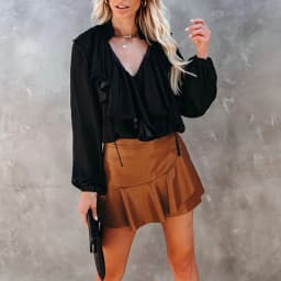 Women Faux Leather Skirts Elastic High Waist Ruffles Spliced Pleated Short Skirt Female Sexy Nightclub PU Leather Mini Skirt