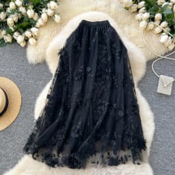 Elegant Embroidered Mesh Half Skirt High Waist Slimming A-Line Midi Skirt Commute Friendly Korean Style Polyester Fiber