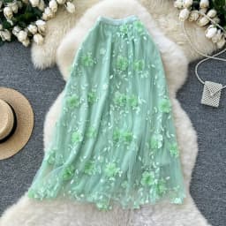 Elegant Embroidered Mesh Half Skirt High Waist Slimming A-Line Midi Skirt Commute Friendly Korean Style Polyester Fiber