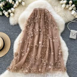 Elegant Embroidered Mesh Half Skirt High Waist Slimming A-Line Midi Skirt Commute Friendly Korean Style Polyester Fiber