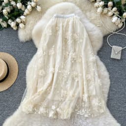Elegant Embroidered Mesh Half Skirt High Waist Slimming A-Line Midi Skirt Commute Friendly Korean Style Polyester Fiber