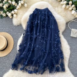 Elegant Embroidered Mesh Half Skirt High Waist Slimming A-Line Midi Skirt Commute Friendly Korean Style Polyester Fiber