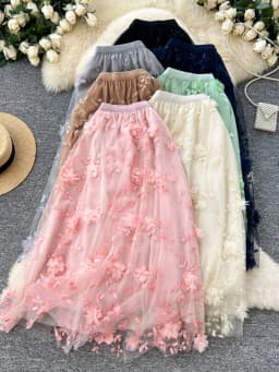 Elegant Embroidered Mesh Half Skirt High Waist Slimming A-Line Midi Skirt Commute Friendly Korean Style Polyester Fiber
