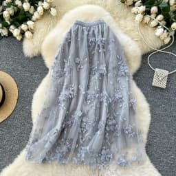 Elegant Embroidered Mesh Half Skirt High Waist Slimming A-Line Midi Skirt Commute Friendly Korean Style Polyester Fiber