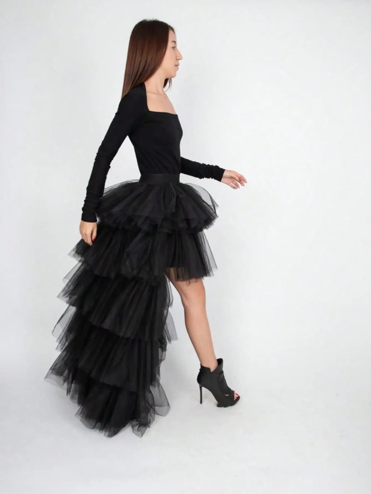 Women's High Low Tutu Skirts Sweet Elastic Waist Tulle Layered Ruffles Princess Petticoat Mesh Long Tiered Skirt For Prom Party