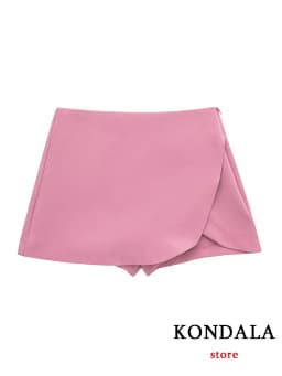 KONDALA Women Fashion 2025 Casual Mini Asymmetrical Skirts Shorts High Waist Back Pockets Wide Leg Skirts Zipper Female Shorts
