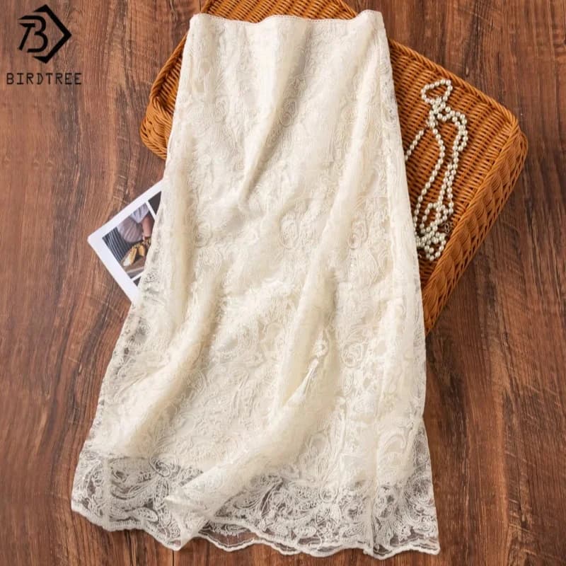 Birdtree, Silk Lining Straight Skirt, Women's Three Layer Elegant Skirts, Sequin Embroidery, 2026 Spring New D63224JF