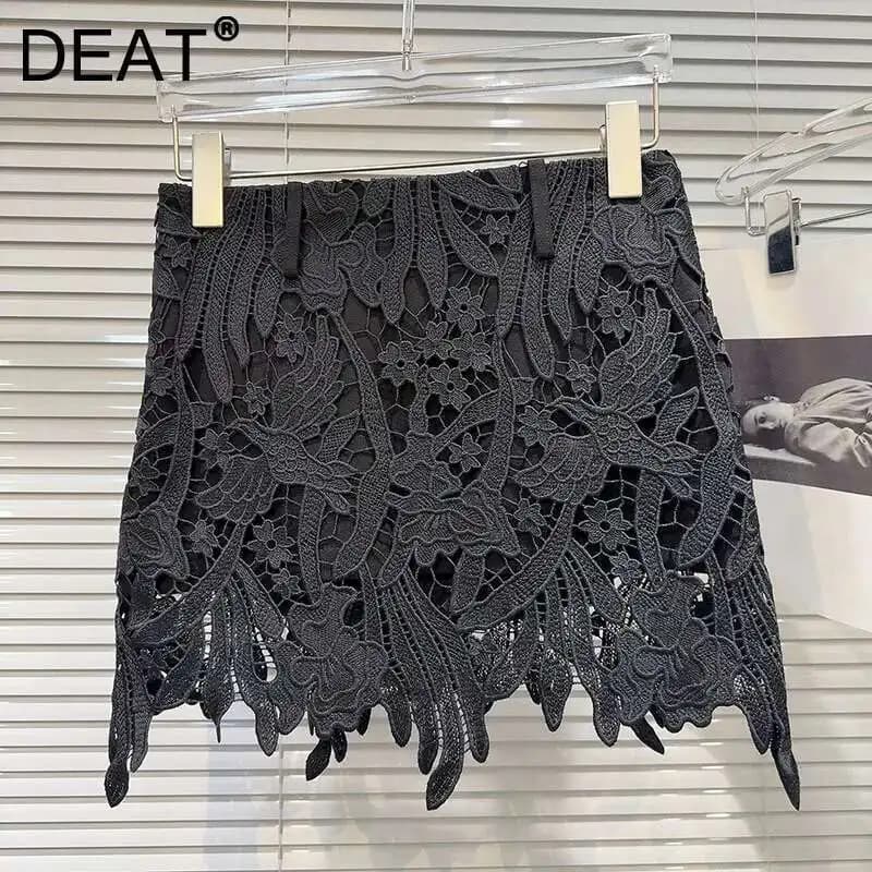 DEAT Fashion Hollow Out Lace Hook Flower Solid Color Short Skirts For Women 2026 Autumn New A-line Skirt Female 11A02183