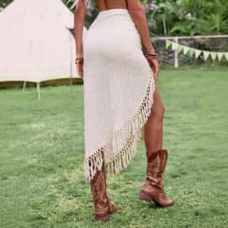 Cotton Lined Women Summer Asymmetrical Tassel Vintage Beach Style High Slit Hollow Ruch Tie Lace Up Medi Skirts Holiday Bohemian