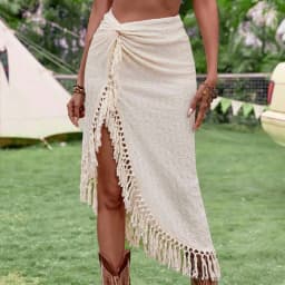 Cotton Lined Women Summer Asymmetrical Tassel Vintage Beach Style High Slit Hollow Ruch Tie Lace Up Medi Skirts Holiday Bohemian