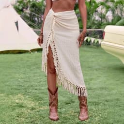 Cotton Lined Women Summer Asymmetrical Tassel Vintage Beach Style High Slit Hollow Ruch Tie Lace Up Medi Skirts Holiday Bohemian
