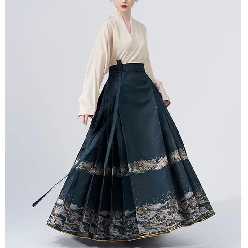 Chinese Style Dark Green Pleated Mamianqun for Women Traditional Hanfu Skirt with Landscape Floral Brocade Elegant Slim Skirt