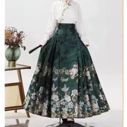 Chinese Style Dark Green Pleated Mamianqun for Women Traditional Hanfu Skirt with Landscape Floral Brocade Elegant Slim Skirt
