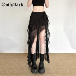 Goth Dark Mall Gothic Black Outfits Women Fashion Street Bottoms Mesh Patchwork Irregular Hem Skirt Kawaii Ruffles Skirts