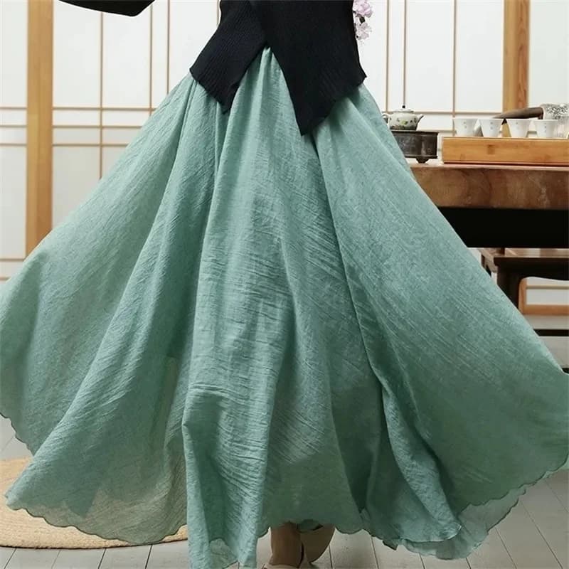 Female High Waisted Cotton Linen Maxi Skirt Women Leisure Bilayer Half Length Skirt New Chinese Style Lady Versatile Long Skirts