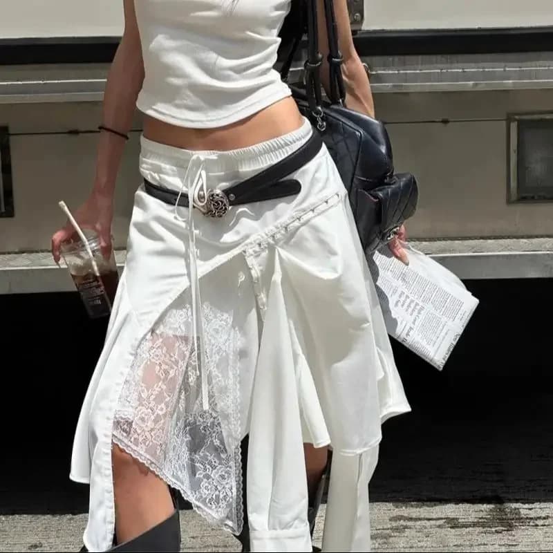New Summer Fashion Irregular Skirt Women Spring Autumn White Lace Patchwork Drawstring High Street Skirts Y2k Streetwear