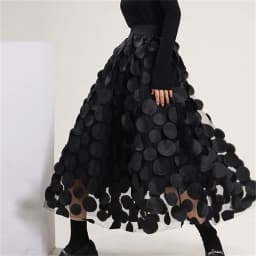 3D Polka Dot Appliques Black Skirt for Women Tulle Mesh Elegant Party Skirt Vintage Elastic Waist Long A-line Tutu Skirt 스커트