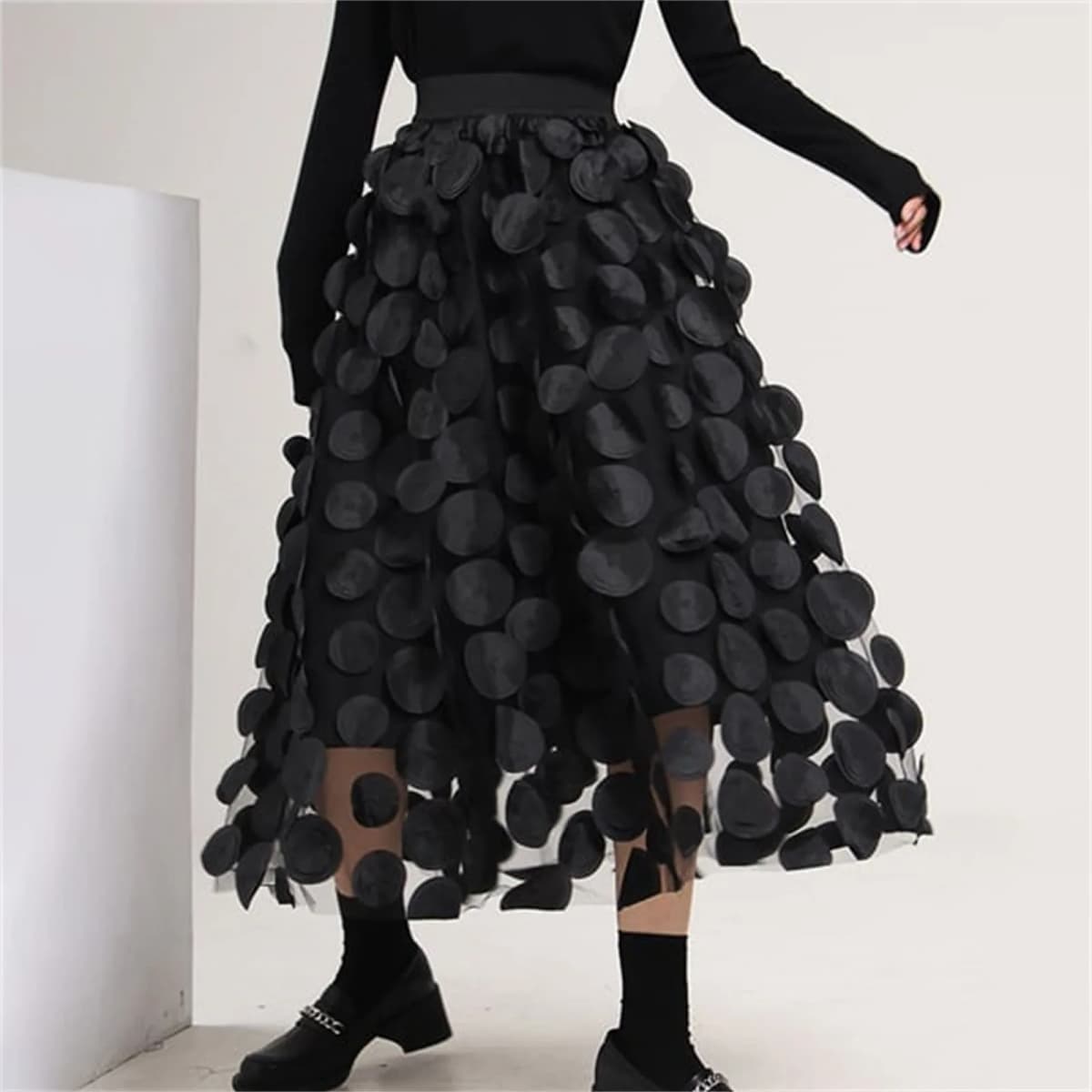 3D Polka Dot Appliques Black Skirt for Women Tulle Mesh Elegant Party Skirt Vintage Elastic Waist Long A-line Tutu Skirt 스커트