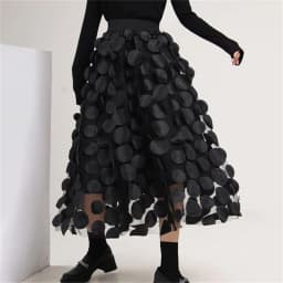 3D Polka Dot Appliques Black Skirt for Women Tulle Mesh Elegant Party Skirt Vintage Elastic Waist Long A-line Tutu Skirt 스커트