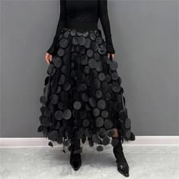 3D Polka Dot Appliques Black Skirt for Women Tulle Mesh Elegant Party Skirt Vintage Elastic Waist Long A-line Tutu Skirt 스커트