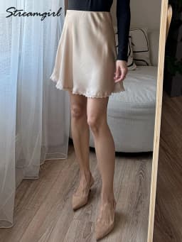 Streamgirl Satin Mini Skirt With Lace For Women Summer Elegant Black Satin  A-Line Skirts Short For Woman Mini Silk Skirts Lace