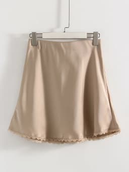 Streamgirl Satin Mini Skirt With Lace For Women Summer Elegant Black Satin  A-Line Skirts Short For Woman Mini Silk Skirts Lace