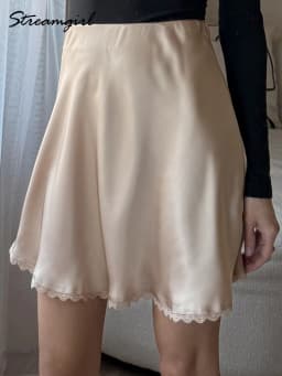 Streamgirl Satin Mini Skirt With Lace For Women Summer Elegant Black Satin  A-Line Skirts Short For Woman Mini Silk Skirts Lace