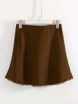 Streamgirl Satin Mini Skirt With Lace For Women Summer Elegant Black Satin  A-Line Skirts Short For Woman Mini Silk Skirts Lace