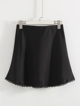 Streamgirl Satin Mini Skirt With Lace For Women Summer Elegant Black Satin  A-Line Skirts Short For Woman Mini Silk Skirts Lace