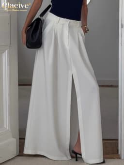 Clacive Fashion Loose White Women's Skirt Casual High Waist Maxi Skirt Elegant Classic Slit Solid Skirt Female Clothing 2025