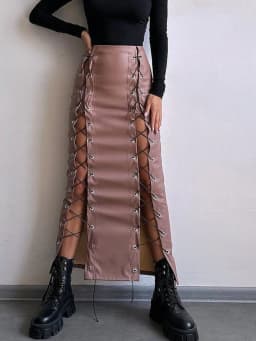 Sexy Black Lace Up Leather Long Skirt Women Clothing Fashion Streetwear Maxi Club Party Skirts Gothic PU High Waist Pencil Skirt