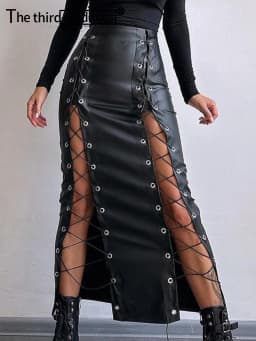 Sexy Black Lace Up Leather Long Skirt Women Clothing Fashion Streetwear Maxi Club Party Skirts Gothic PU High Waist Pencil Skirt