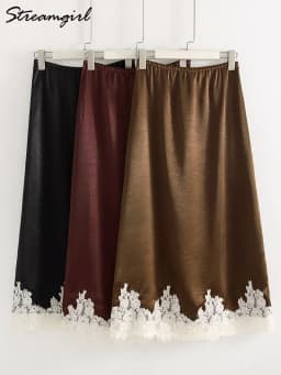 Streamgirl Midi Lace Satin Skirts Women Spring Summer High Waist Straight Burgundy Skirts With Lace For Women Office Wear Skirt
