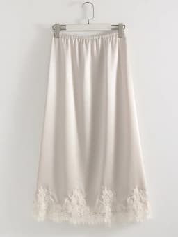 Streamgirl Midi Lace Satin Skirts Women Spring Summer High Waist Straight Burgundy Skirts With Lace For Women Office Wear Skirt