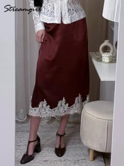 Streamgirl Midi Lace Satin Skirts Women Spring Summer High Waist Straight Burgundy Skirts With Lace For Women Office Wear Skirt