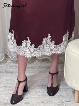 Streamgirl Midi Lace Satin Skirts Women Spring Summer High Waist Straight Burgundy Skirts With Lace For Women Office Wear Skirt