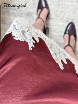 Streamgirl Midi Lace Satin Skirts Women Spring Summer High Waist Straight Burgundy Skirts With Lace For Women Office Wear Skirt