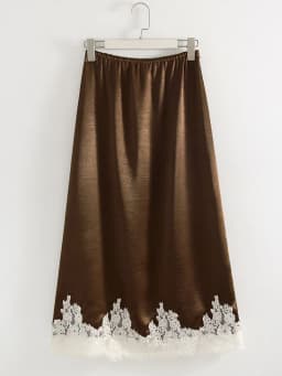 Streamgirl Midi Lace Satin Skirts Women Spring Summer High Waist Straight Burgundy Skirts With Lace For Women Office Wear Skirt