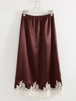 Streamgirl Midi Lace Satin Skirts Women Spring Summer High Waist Straight Burgundy Skirts With Lace For Women Office Wear Skirt