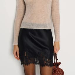 Women Y2K Lace Floral Hem Skirts Satin Silk Solid Color High Waisted Short Skirts with Scalloped Street Matching Outfits