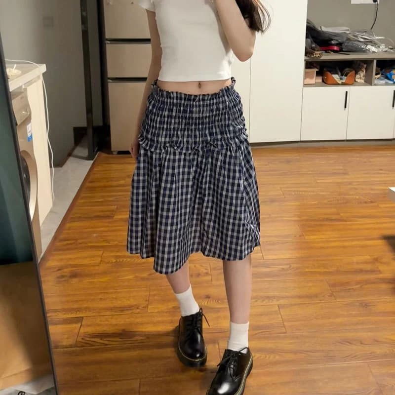 MEXZT Vintage Plaid Mini Skirt Women Harajuku Aesthetic Patchwork Knee Length Skirts Summer Korean High Waist A Line Faldas New