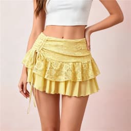 Women Floral Lace Ruffle Mini Skirt Side Drawstring Ruched High Waist Tiered Mesh Skirt Solid Color Y2K Casual Streetwear