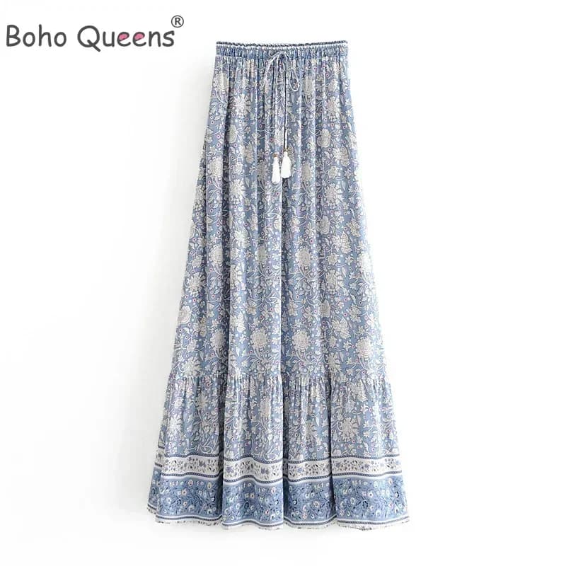 Boho Queens Fashion Women Hippie Beach Bohemian Floral Print Skirts High Waist Maxi A-Line Skirt Femme