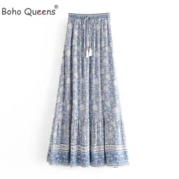 Boho Queens Fashion Women Hippie Beach Bohemian Floral Print Skirts High Waist Maxi A-Line Skirt Femme
