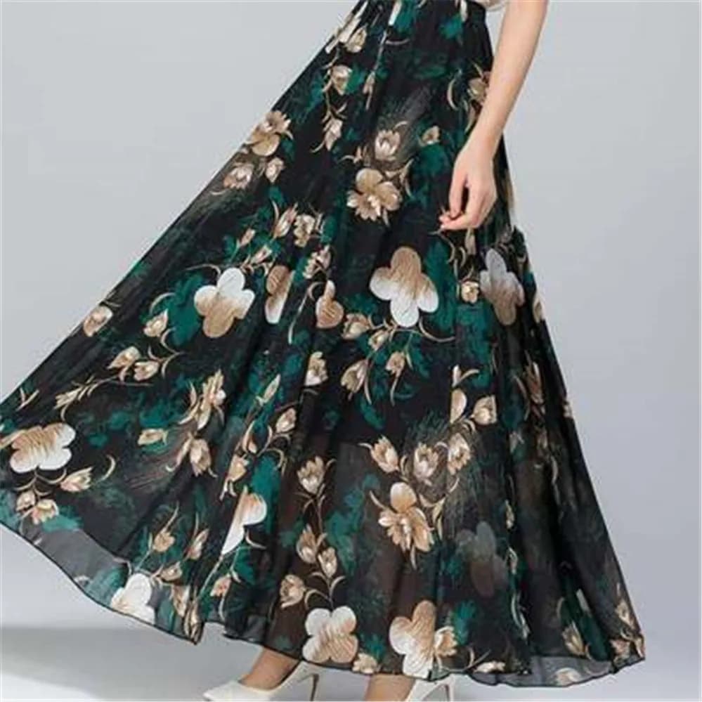 Korean Summer Skirt Women Long High Waist Holiday Dance Elegant Beach Boho Lady Vintage Girl Fairy Chiffon Floral Maxi Skirts