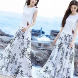 Korean Summer Skirt Women Long High Waist Holiday Dance Elegant Beach Boho Lady Vintage Girl Fairy Chiffon Floral Maxi Skirts