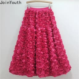 Chic 3D Floral Skirt for Women Temperament Jupe 2025 Faldas Mujer De Moda High Waist Loose Saia A-line Sweet Solid Color Skirts