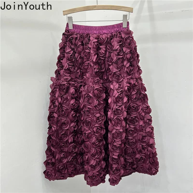 Chic 3D Floral Skirt for Women Temperament Jupe 2025 Faldas Mujer De Moda High Waist Loose Saia A-line Sweet Solid Color Skirts