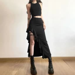 Nibber All-match Commuter Casual Young Girl Summer New Black Cross Simple Sexy Cool Breathable Soft Women's Knit Split Skirt